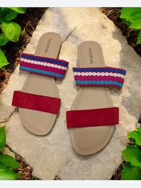 Long Tall Sally NEW Size 12: Red Suede & Multicolor Embroidered Slide Sandals
